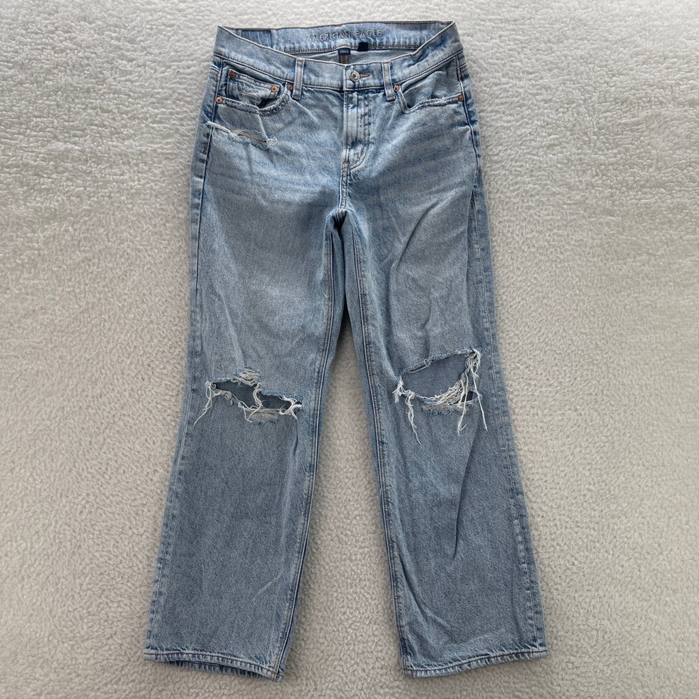 American Eagle Jeans Women 4 Short Blue Stovepipe Light Wash High Rise Boho Y2K